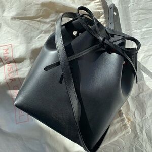 Authentic Mansur Gavriel Mini Bucket Bag in Black Flamme, Black + Red Leather